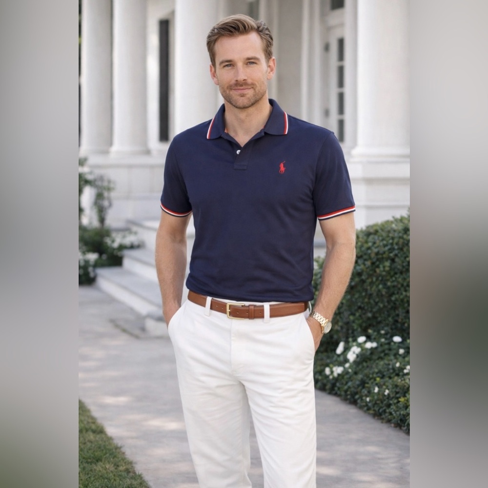 POLO Ralph Lauren Medium navy blue, trimmed red/white Custom slim fit preppy EUC